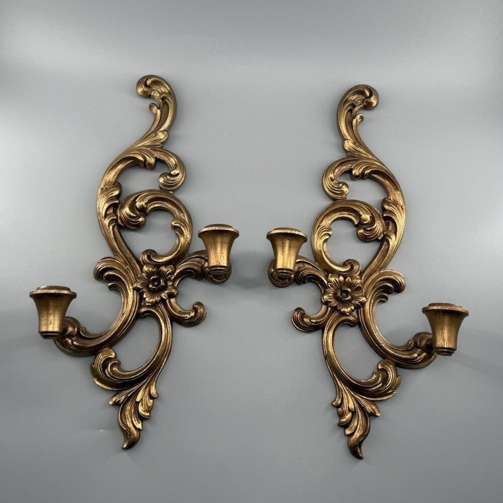 Vintage Syroco Wood Candle Wall Sconces Pair Hollywood Regency Gold Floral Decor